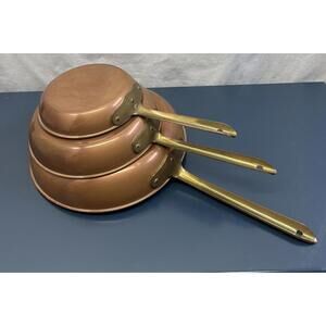 VTG Set Of 3 Copper Pans ODT Portugal 6 3/8” 8 3/8” 10 3/8” Brass Handles